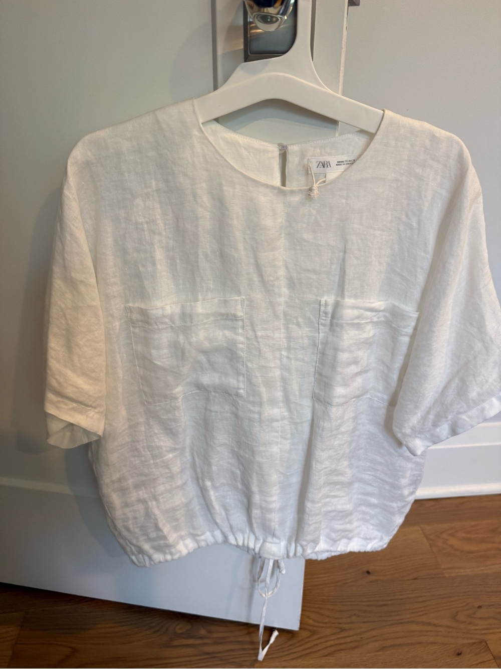 Zara White Linen Drawstring Hem Short Sleeve Top,XS